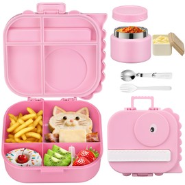 LAUJIA Lunch Box Kids with 5 Compartments, Insulated Food Jar & Utensils, Leak Proof Bento Box with Sauce Container, BPA-Free & Dishwasher Safe, Dinosaur Design-Rose Pink