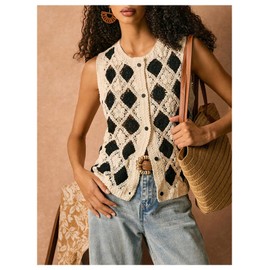GORGLITTER Women's Crochet Vest Checkered Button Front Knit Boho Western Trendy 2025 Sweater Tank Top Black and White Small