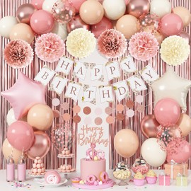 Jobkoo Pink Birthday Decorations for Women, Boho Dusty Pink Rose Gold Blush Beige Latex Balloons Happy Birthday Banner Foil Fringe Curtain Tissue Paper Pompom for Woman Girls Party Decoration Supplies