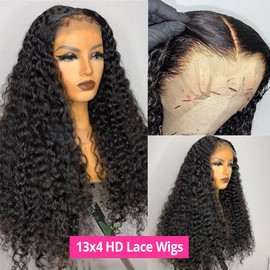 Deep Wave Lace Front Wigs Human Hair 180% Density Curly Lace Front Wig Human Hair Wet and Wavy Wig 13x4 HD Lace Frontal Wigs Human Hair 16 Inch Glueless Curly Wigs for Women Pre Plucked