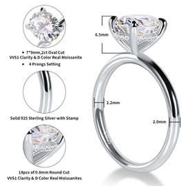 2 Carat Oval Cut Moissanite Engagement Ring for Women 925 Sterling Silver Solitaire Rings D Color Lab Created Diamond Promise Wedding Ring for Her Size 6