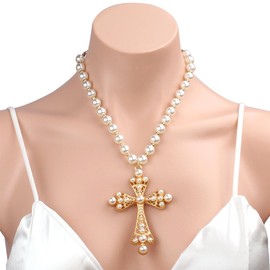 Punk Crystal Cross Pearl Necklace for Women Chunky Pearl Beaded Choker Gothic Rhinestone Cross Pendant Necklace Faith Protection Jewelry (Gold2)