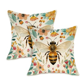 Bumble Bee Floral Decorative Throw Pillow Covers 18 x 18 Set of 2