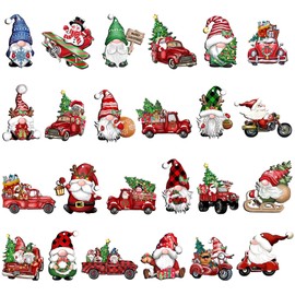 KATELUO Christmas Wooden Ornaments, 24 Pieces Pendant Wooden Christmas, Christmas Red Truck Ornaments, Christmas Gnome Wooden Hanging Ornaments, Christmas Tree Pendants, for Christmas Party Decor