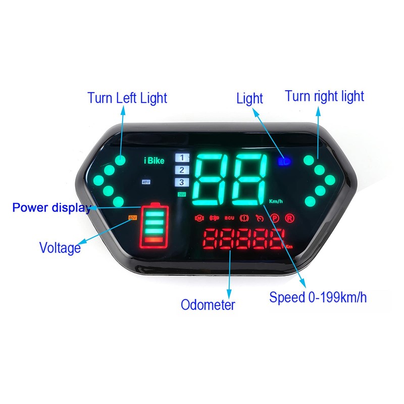 Digital Speedometer, 60V LCD Display Motorcycle Odometer Precision Tachometer for