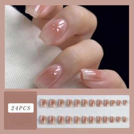 24Pcs Nude Press on Nails Short Square Fake Nails Natural Reusable Stick on Nails Gradient Design Simple Daily Wear Nails, Acrylic Artificial on Nails for Wedding Daily Nail Decoration Accessories