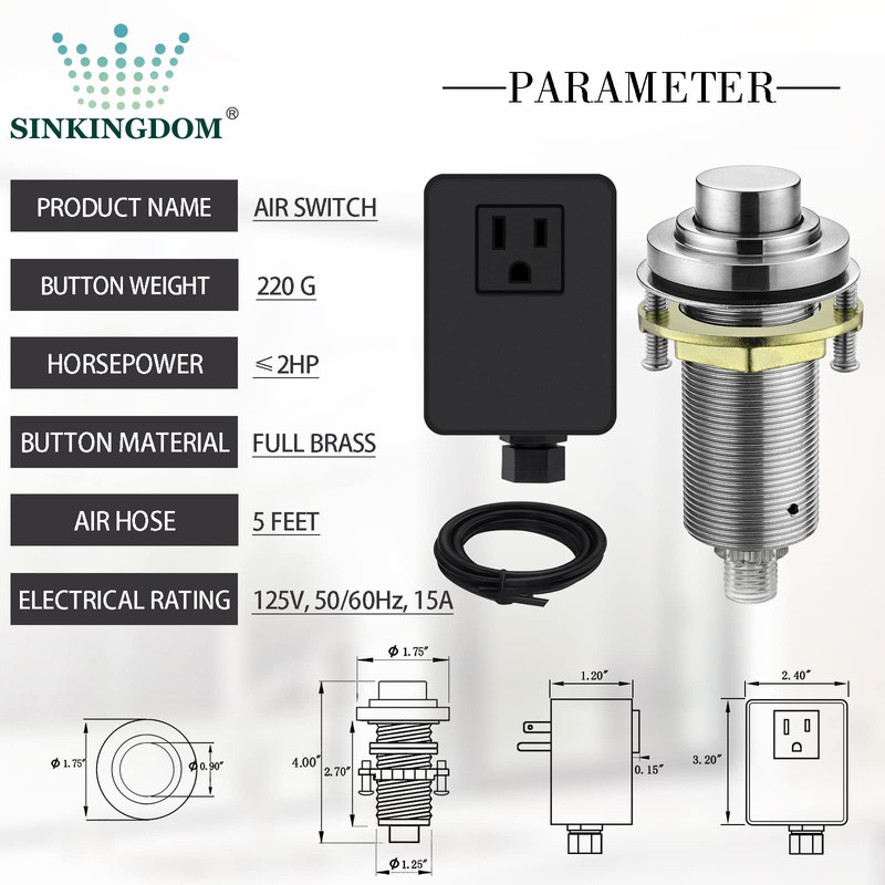 SINKINGDOM SinkTop Air Switch Kit (Long Full Brass Button) for