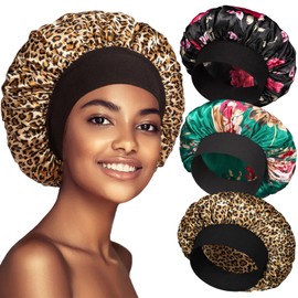 3 Pack Satin Bonnet Silk Bonnet for Sleeping, Bonnets for Black Women Hair Bonnet for Sleeping Large Sleep Cap, Wide Soft Band Bonnet for Curly Hair
