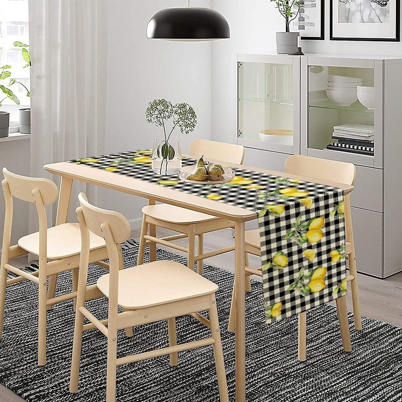 Fresh Lemon Table Runner, Yellow Lemon Black White Buffalo Check