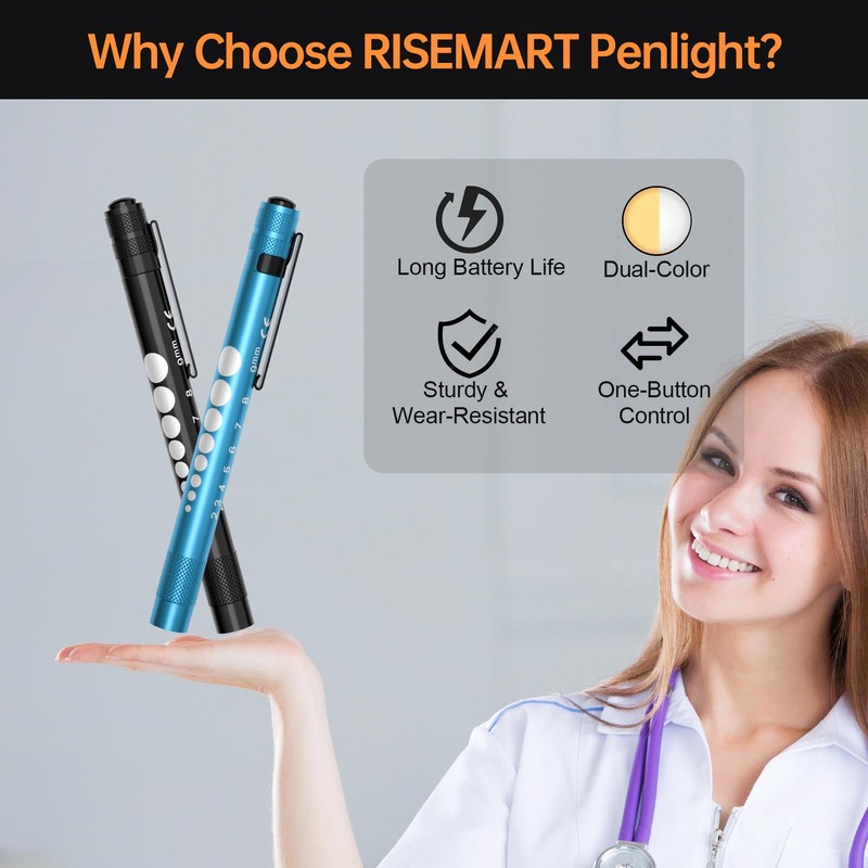 RISEMART 2 Pack Pen Light for Nurse, Medical Penlight with