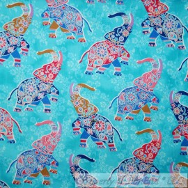 Andover Fabrics Bombay by Suite 1500 Pattern 8050 BonEful Fabric FQ Cotton Quilt VTG Aqua Blue Pink Ethnic African Elephant Flower