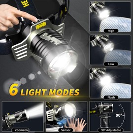 ZOYYE Rechargeable Headlamp, 5000 LM Super Bright Head lamp, 9 Mode, Motion Sensor, Digital Display, Led Headlamps with Red Light, Headlamp Battery Powered for Camping, Running