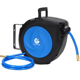 Air Hose Reel Retractable: 50ft x 3/8in Hybrid Polymer Hose Reel|Air Compressor Hose With 5in Lead in Brass Fittings | Wall Mount Reel 180°Swivel for Garage Workshop Ceiling & Wall | Max 300 PSI,Blue