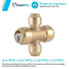 SharkBite 3/4 x 3/4 x 1/2 x 1/2 Inch Cross Tee, Push to Connect Brass Plumbing Fitting, PEX Pipe, Copper, CPVC, PE-RT, HDPE, U380LFA