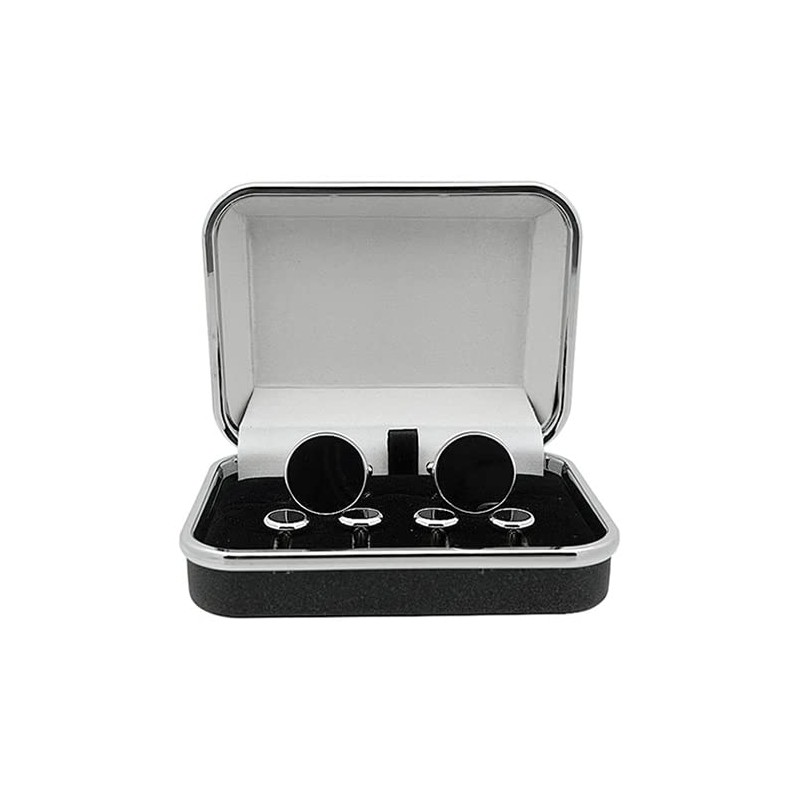 Silver Onyx Cuff Stud Button Set n02798, Brass, Onyx