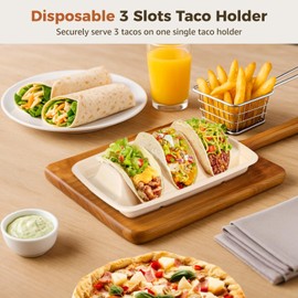 FELISTORY 150 PCS Disposable Taco Holders, 3-Slot Bagasse Pulp Taco Plates, Plant Fiber Taco Stands with Dividers, Taco Tuesday Serving Trays for Tacos, Sandwiches, Hot Dogs, Pancakes