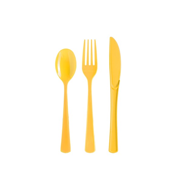 Exquisite 150 Pack Yellow Plastic Utensils Heavy Duty Cutlery Set 50 Plastic Forks 50 Plastic Spoons 50 Plastic Knives Perfect Plastic Silverware Party Pack Set for all occasions