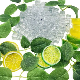 Woohome 122 PCS Clear Fake Ice Cubes Artificial Acrylic Ice Rocks and Simulation Lemon Limes Chips, Simulation Leaves for Photography Props, Home and Kitchen Wedding Decors