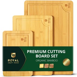 ROYAL CRAFT WOOD Premium Cutting Boards for Kitchen Meal Prep & Serving - Bamboo Wooden Serving Board Set with Deep Juice Groove Side Handles - Charcuterie & Chopping Butcher Block for Meat