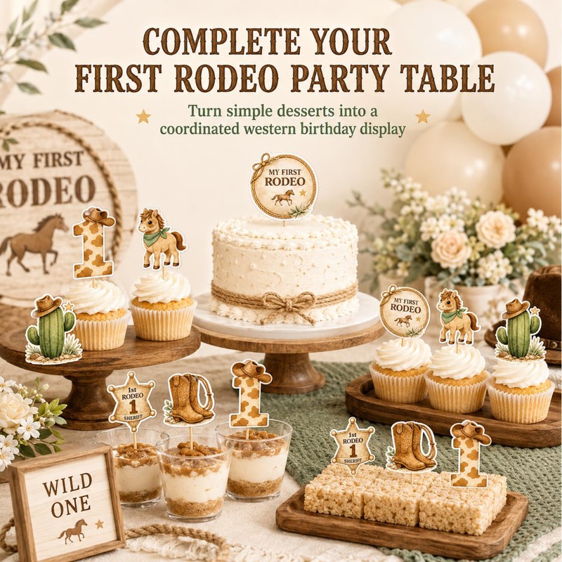 ALISSAR 36 Pcs My First Rodeo Cupcake Toppers, Western 1st