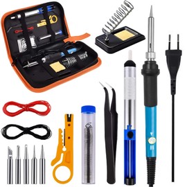 Xinlie Lötkolben Set Lötset 60W LCD Soldering Iron Kit Einstellbar Temperatur Lötwerkzeug mit 5 Lötspitzen,Entlötpumpe,Lötkolbenständer,Lötzinn,Pinzette Zum Löten,Holzgravur,Heißschneiden,Brandmalerei