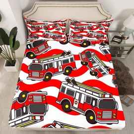 Fire Truck Fitted Sheet Kids Cartoon Car Bedding Set for Boys Firefighter Bed Sheet Set Breathable Firemen Car Vehicle Fire Engine Red Lines Bed Cover Room Decor Full Size