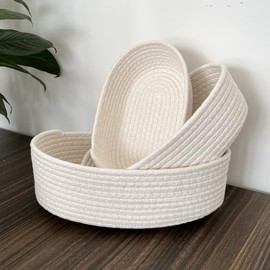 Set of 3 Handmade Cotton Rope Storage Baskets - Nordic Style for Home, Toys Nursery Decor, Skin Care & Desktop Organizer, Small Baskets for Storage, Bathroom, Nursery (Oval (3 pcs) - White)