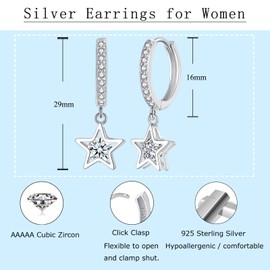 Glintara Silver Hoop Earrings for Women, 925 Sterling Silver Star Drop Hoop Earrings, Hypoallergenic Cute Dangle Hoop Earrings CZ, Cartilage Sleeper Hoops with Star Pendant Jewelry Gifts for Girls