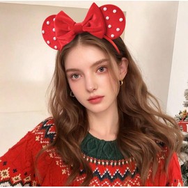WOVOWOVO Mouse Ears Headbands for Women Red Bow Pearl Mouse Ear Headband Velvet Hairbands Christmas Birthdays Party Hair Accessories