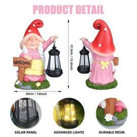 FLJZCZM Solar Garden Gnome Statue Holding LED Lantern with Welcome Sign Outdoor Ornaments Waterproof Christmas Decoration for Outside Patio Yard Lawn Decor (Pink)