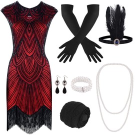 PLULON 1920s Fringe Flapper Dress with Sequins, Beads and ‘20s Accessory Set, red