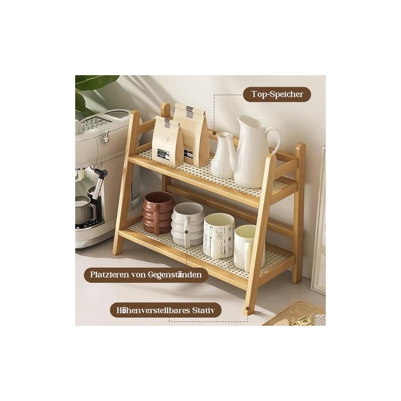 Kitchen Organiser 2 Tiers, Spice Rack, Standing, Bamboo Imitation Rattan