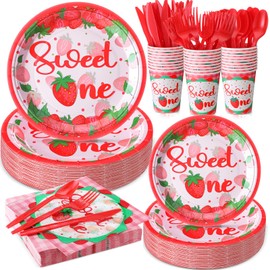 Ziliny 350 Pcs Strawberry, Sweet One, Flower Party Supplies Tableware Set Disposable 9'' 7'' Paper Plates 9 oz Cups Cutlery Napkins Dinnerware Set for 1st Birthday, Serve 50(Sweet One,Red, Pink)