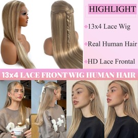 Valiilo Highlight Ash Blonde Wig Human Hair Ombre Blonde Lace Front Wigs for White Women 13x4 Glueless Lace Wig Dark Roots, Ash Brown to Blonde with Platinum Blonde Highlights Human Hair Wig 30 Inch