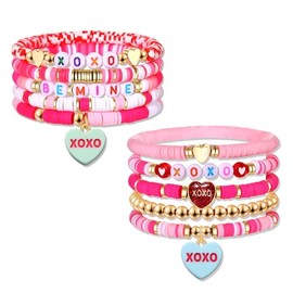 YAHPERN 10PCS Valentine’s Day Bracelet for Women Stackable Red Pink Heishi Preppy Friendship Bracelets XOXO Love Conversation Heart Charm Bracelets Valentine’s Day Accessories Jewelry Gifts (Style C)