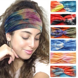 6 Pieces Women's Hairband Bandana Hair Accessories for Women Adults Boho Elastic Turban Wide Non-Slip Hair Towel Women's Hair Bands for Short Hair (Tiedye)
