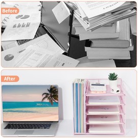 LEKETREE Desk Organizers and Accessories, 5-Tier Paper Letter Tray Organizer with File Holder, Desktop Organizer for Office Supplies, Office Desk Accessories & Workspace (Pink)