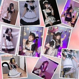 Wannsee Anime French Maid Apron Lolita Fancy Dress Cosplay Costume Furry Cat Ear Gloves Socks Set(M) Black-White