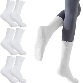 3 Pairs Pilates Socks with Grips Non Slip Ruffle Yoga Socks Grip Socks for Ballet Dance Barefoot Workout Pregnant Crew Socks (UK, Alpha, One Size, Regular, Regular, 3 Pairs - White)