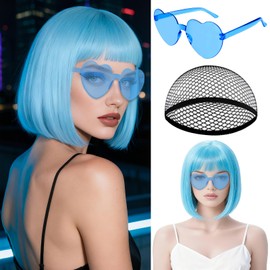 Light Blue Short Bob Wigs Straight Hair with Flat Bangs Heart Sunglasses for Women, Colorful Funny Cosplay Party Neon Wig Synthetic Natural As Real Carnival Halloween Costume Party Favors