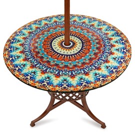 qchdln Outdoor Round Tablecloth with Umbrella Hole Water Resistant Zipper Round Table Cloth with Elastic Edge for Outdoor Garden Patio Decorations(Fit for 45-54 Inches Table)