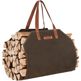 Permade Firewood Carrier with Real Leather Handles, Log Carrier for Firewood Waxed Canvas, 38.4x17.3inch Wood Carrier for Fireplace, Water Resistant Firewood Tote Bag for Stove, Outdoor Camping- Green