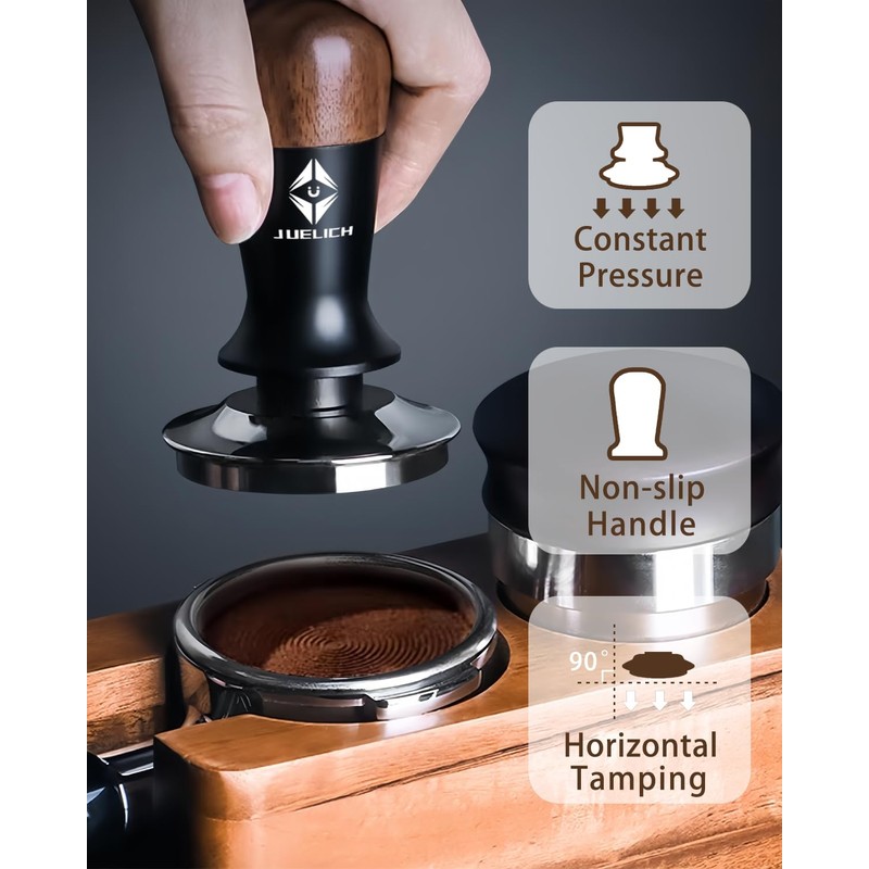 JUELICH 53mm Espresso Tamper with Wooden Handle – Spring-Loaded Coffee