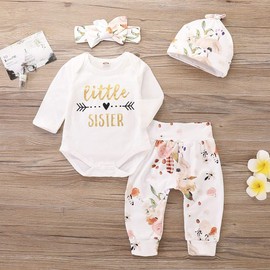 4Pcs Infant Girl Outfits Baby Sister Bodysuit Tops Floral Leggings Pants Set Bowknot Headbands Newborn Clothes (Little Sister,3-6 Months)