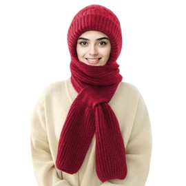 Sumolux Beanie Hat Scarf Integrated Ear Protection Windproof Cap Scarf Elastic Knitting Thick Warm Conjoined Winter