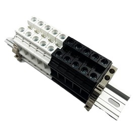 Dinkle Assembly DK10N White/Black 10 Gang Box Connector DIN Rail Terminal Blocks, 6-20 AWG, 60 Amp, 600 Volt Separate Circuits