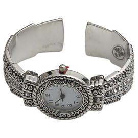 Metal Ladies Western Bangle/Cuff Watch with Simple Rhinestones on Band (Silver)