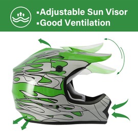 XFMT DOT Youth Kids Motocross Offroad Street Dirt Bike Helmet Youth Motorcycle ATV Helmet with Goggles Gloves Green Flame XL