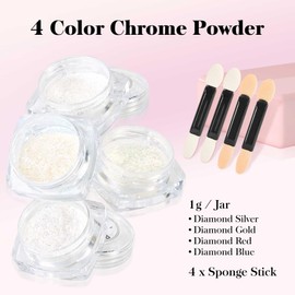 Chrome Nail Powder, 4 Colors Diamond White Series Nail Chrome Powder - Mirror Effect Metallic Glitter Powder Kit for Nail Art Decoration, Resin Craft etc. (1g/Jar)