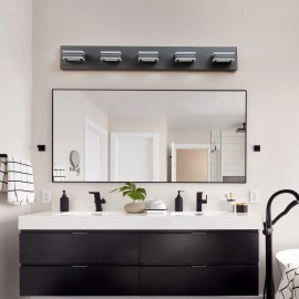 Modern 32\" Black 5-Light LED Vanity Light Square Acrylic Lampshades Wall Mount Fixture with Mirror Lighting for BathroomMaterial: Iron, Color: Black Color